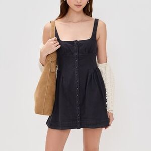 Free People Astrid Oxford Mini Dress Black Sz L Preppy Chic Fit & Flare Babydoll